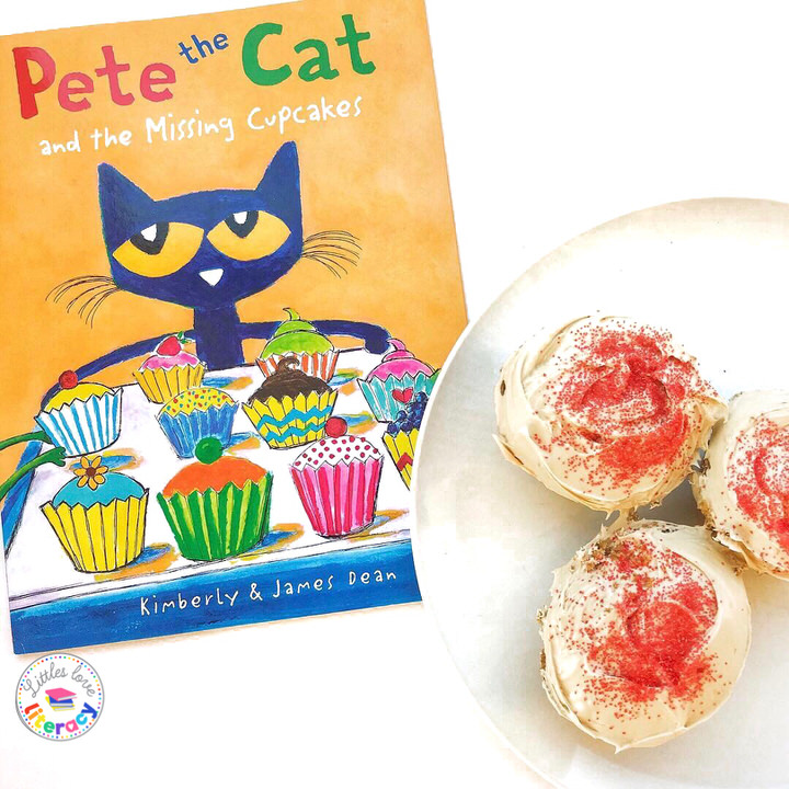 Book cover: "Pete the Cat and the Missing Cupcakes" and a plate of cupcakes with red sprinkles.