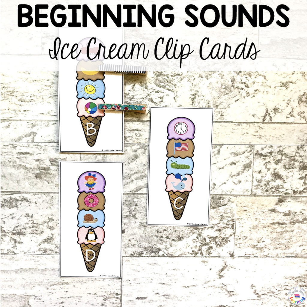 Beginning sounds ice cream clip cards designed for preschool, pre-k, and kindergarten 