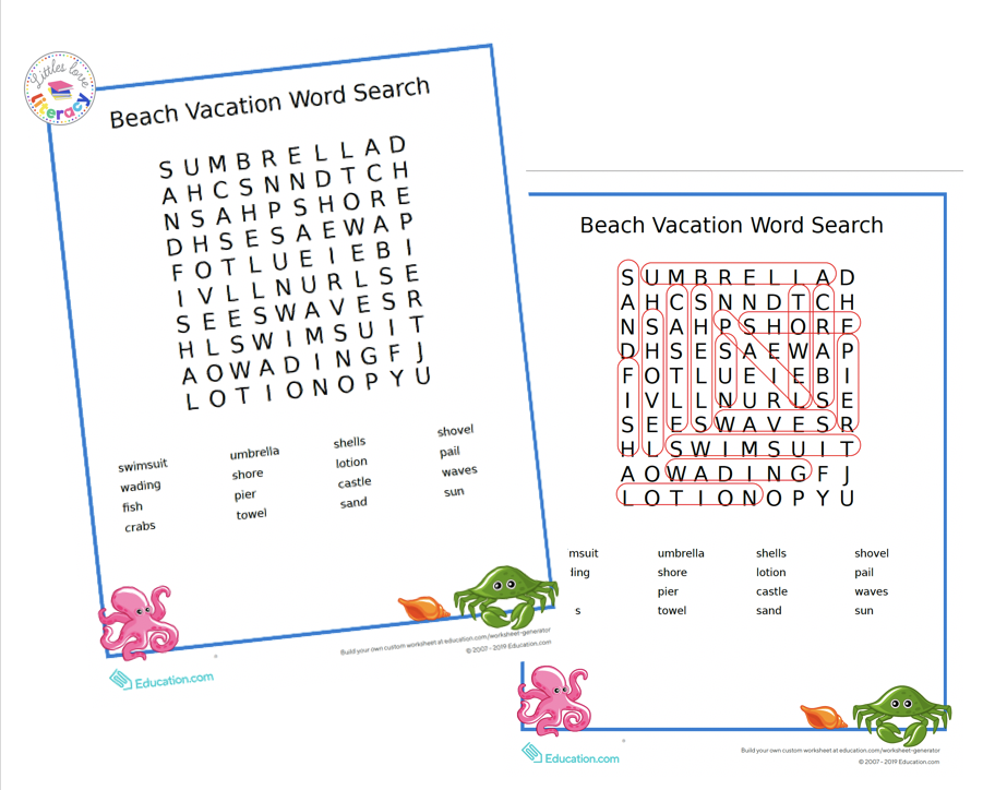 Beach Vacation Word Search and answer key