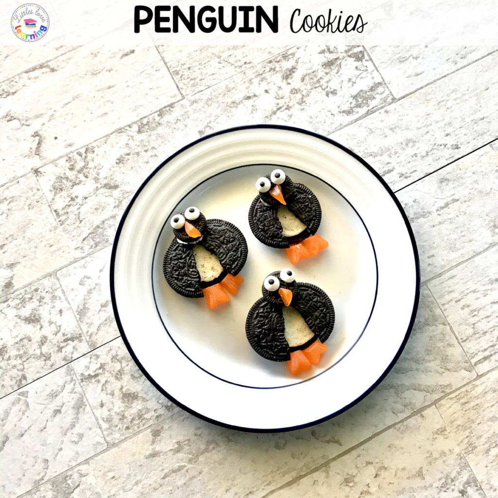 Penguin cookies made out of Oreos and Swedish fish candy