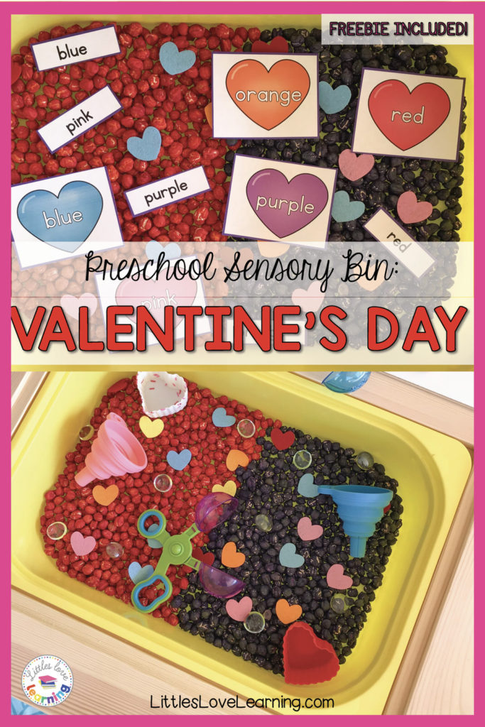 Valentine's Day Sensory Bin: Dyed Chickpeas (includes freebie) www.littleslovelearnign.com