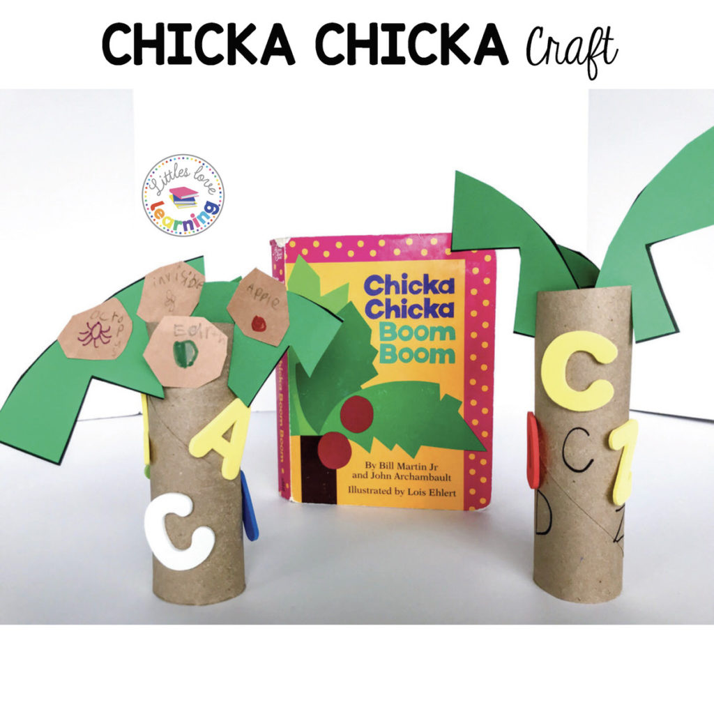 Chicka Chicka Boom Boom craft made out of toilet paper rolls, paper, and letters. Post includes activities for preschool and kindergarten students. 