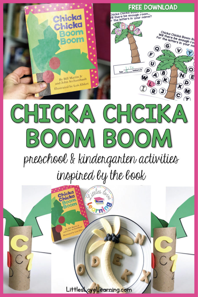 Chicka Chicka Boom Boom book cover and activities for preschool and kindergarten students. 
