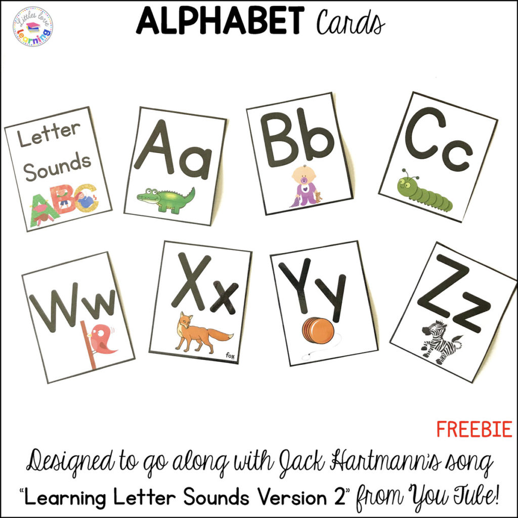 FREE ABC Flashcards. Perfect for preschool, pre-k, and kindergarten students. Designed to go along with Jack Hartmann's song "Learning Letter Sounds Version 2" on You Tube.