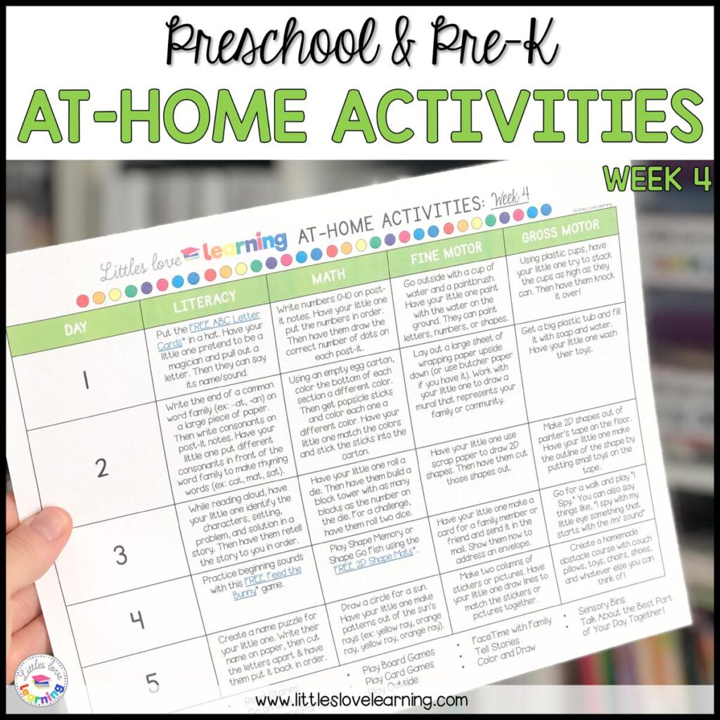 Printable calendar showing 1 Week of Free At-Home Activities for Preschool 