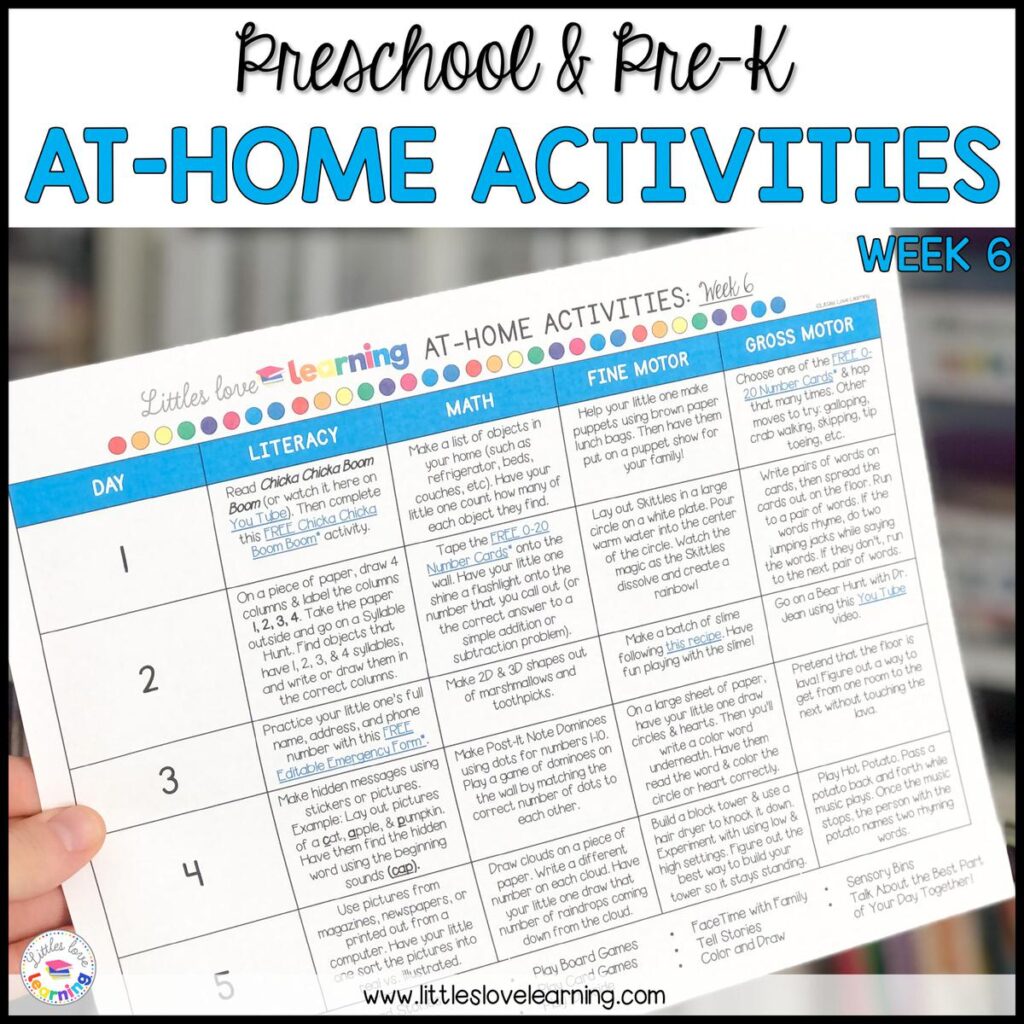 Calendar of free activities for math and literacy for preschool 