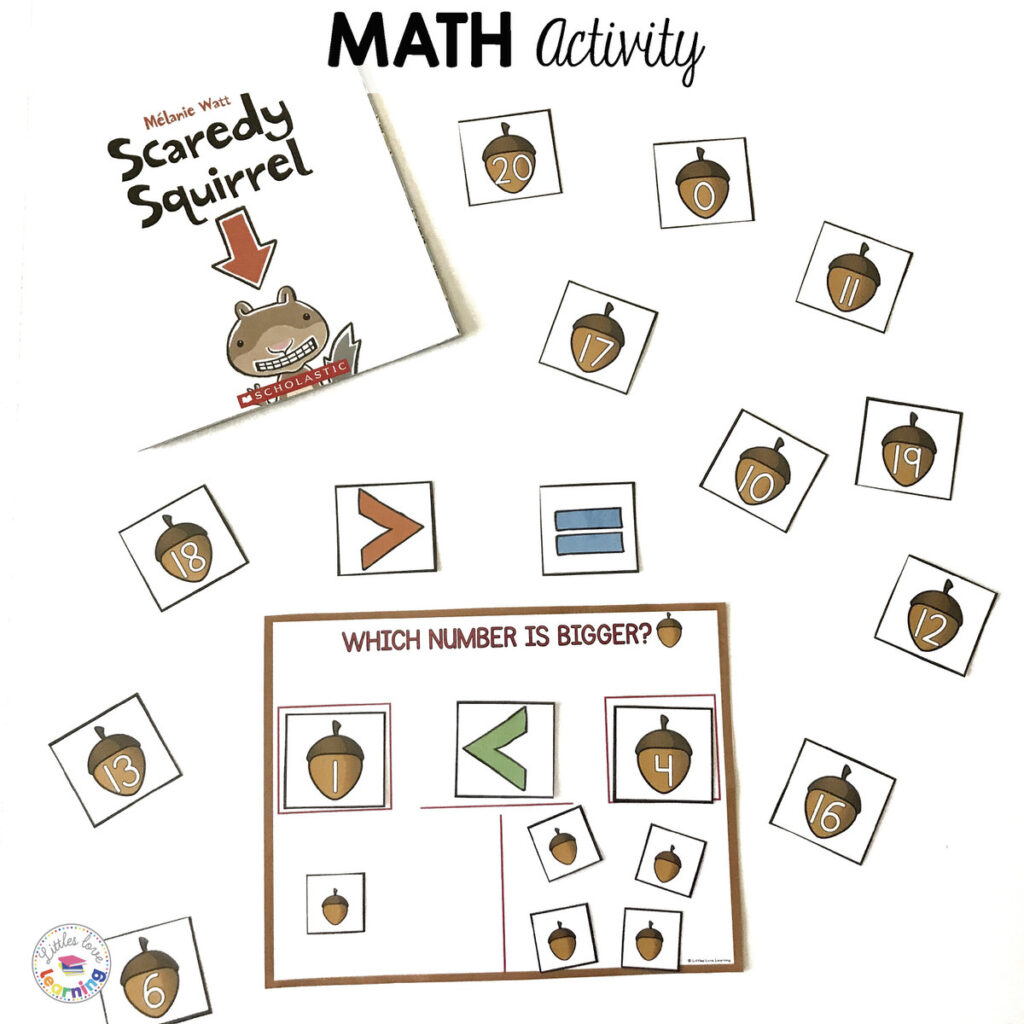 Scaredy Squirrel activities for preschool, pre-k, and kindergarten students inspired by the book. This math activity practices comparing numbers.