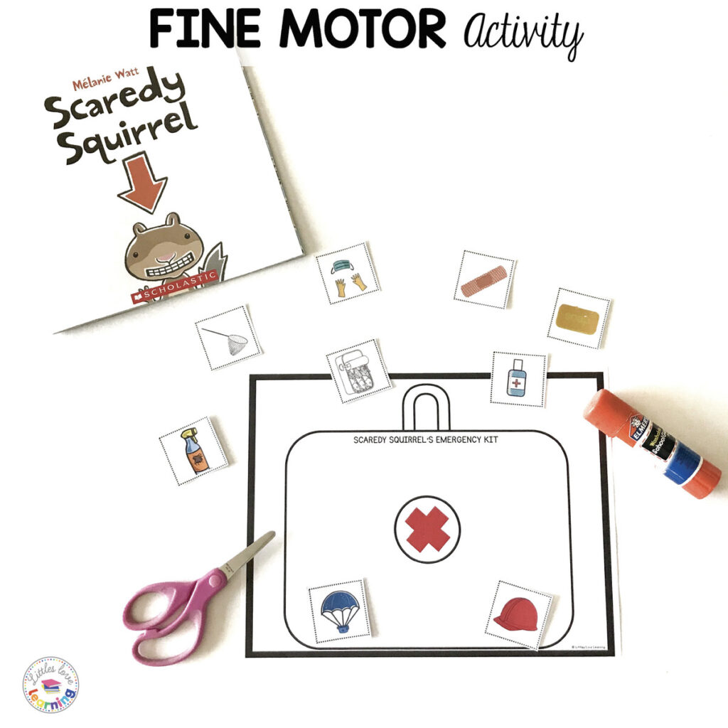 Scaredy Squirrel activities for preschool, pre-k, and kindergarten students inspired by the book. This fine motor activity practices cutting and pasting. 