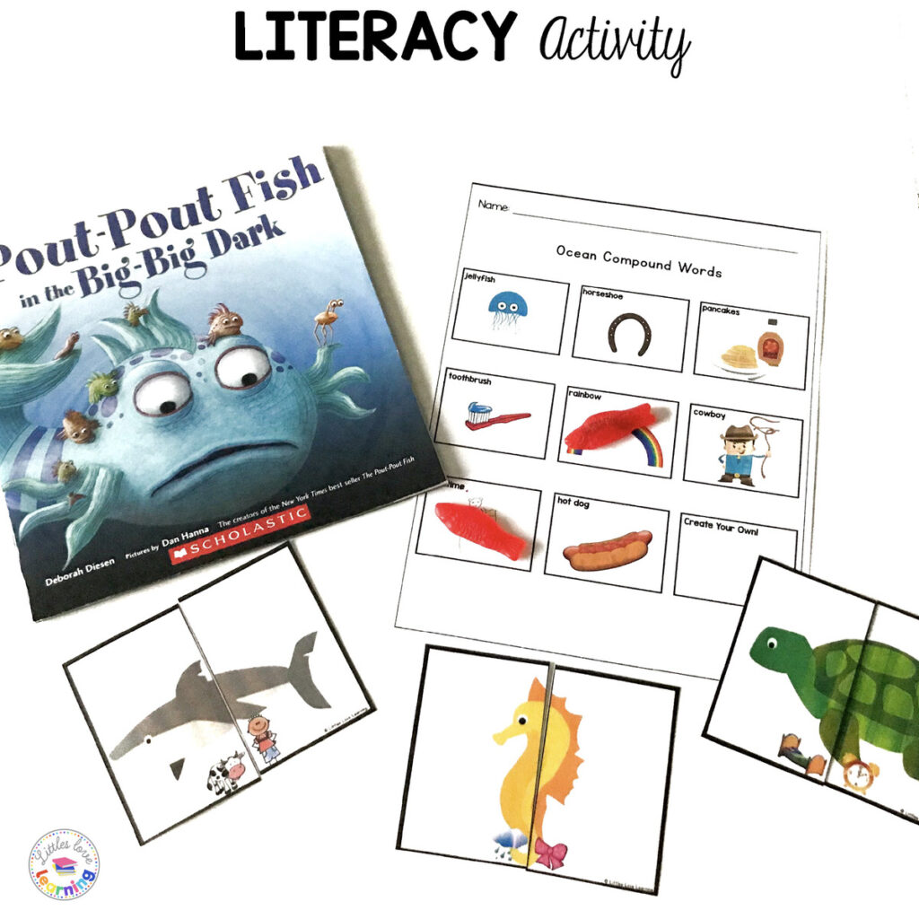 Pout Pout Fish literacy activity (compound words) for preschool, pre-k, and kindergarten.