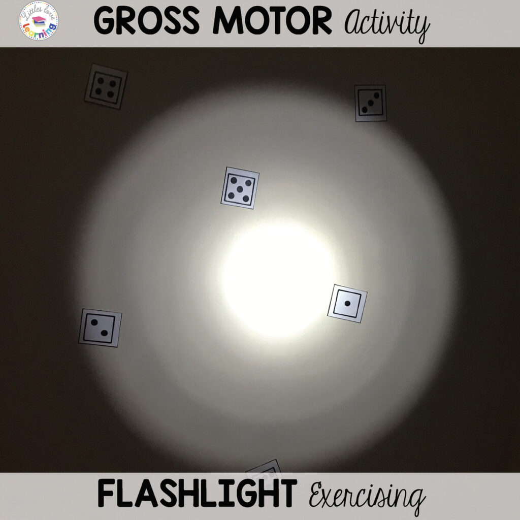 Pout Pout Fish gross motor activity (flashlight exercising) for preschool, pre-k, and kindergarten.