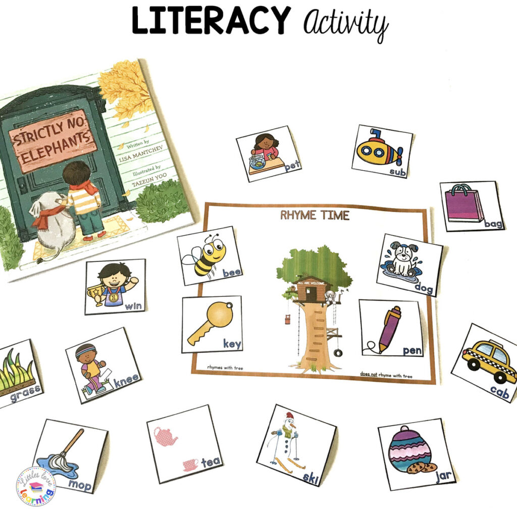 Strictly No Elephants literacy activity (Rhyming) inspired by the book for preschool and kindergarten. 