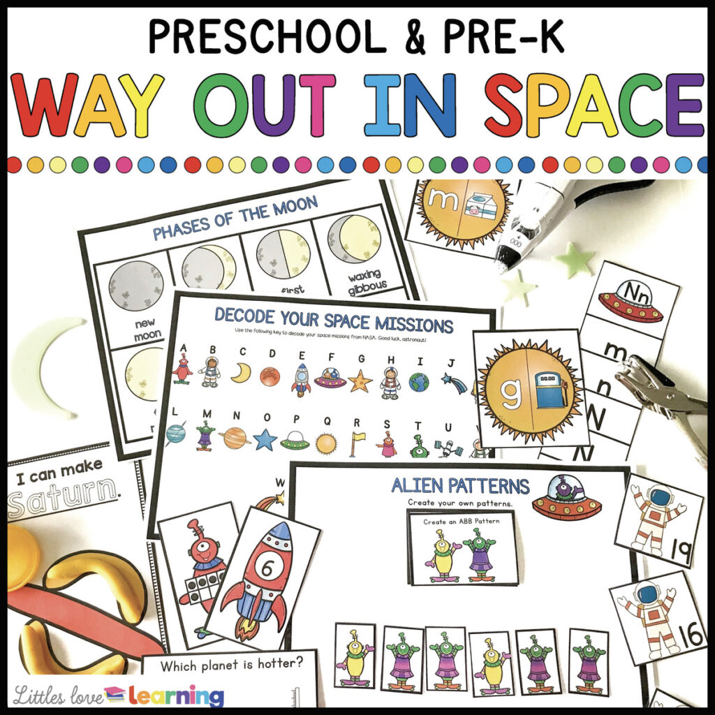 Space printables for math and literacy for preschool, pre-k, and kindergarten