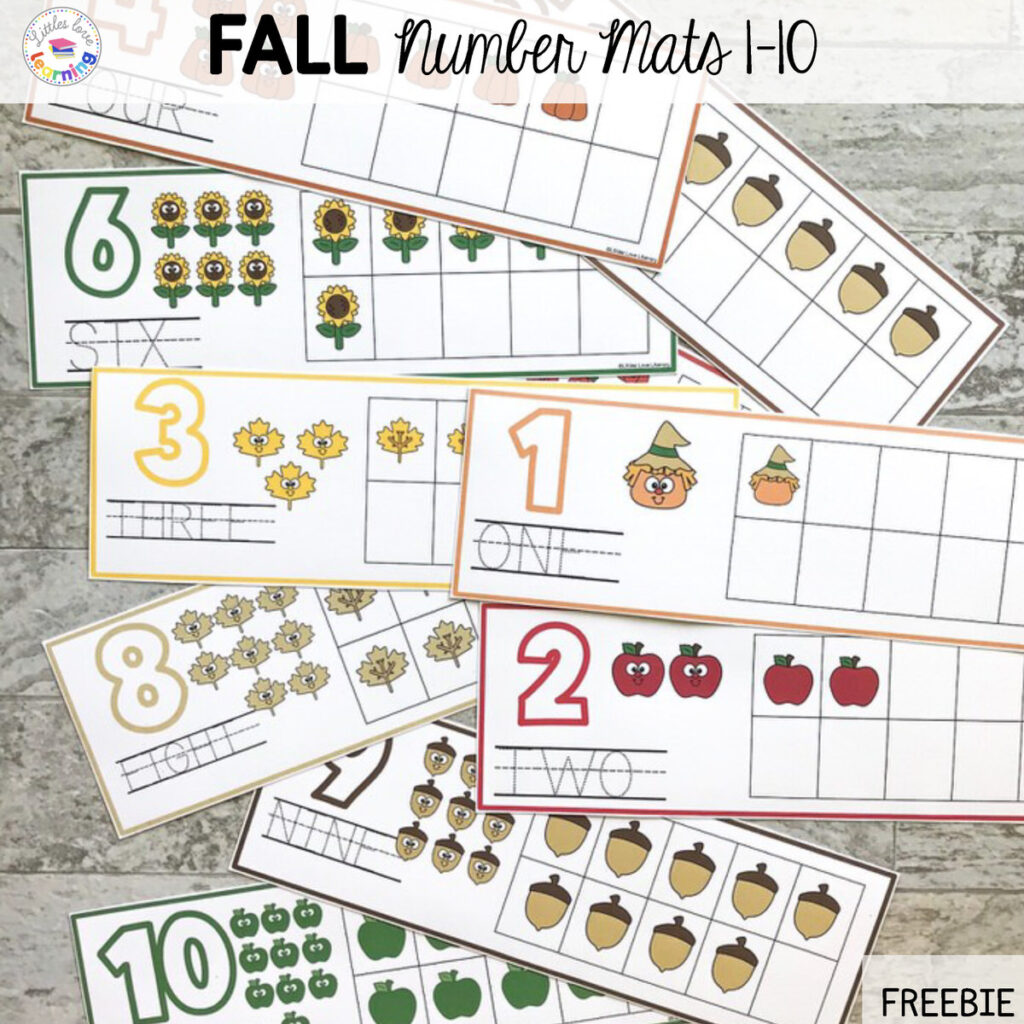 FREE Fall Number Mats for numbers 1-10 for preschool, pre-k, and kindergarten. 