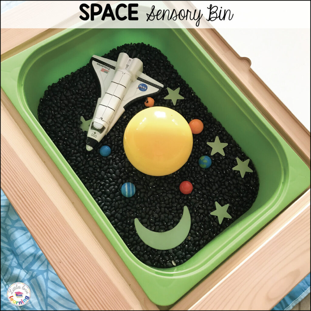 Space Sensory Bin with Black Beans for Preschoolers