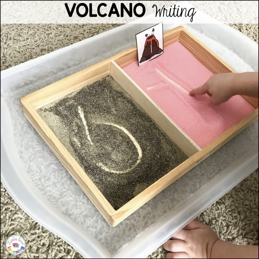 Volcano writing tray includes salt dyed pink and black ground pepper. Perfect for preschool