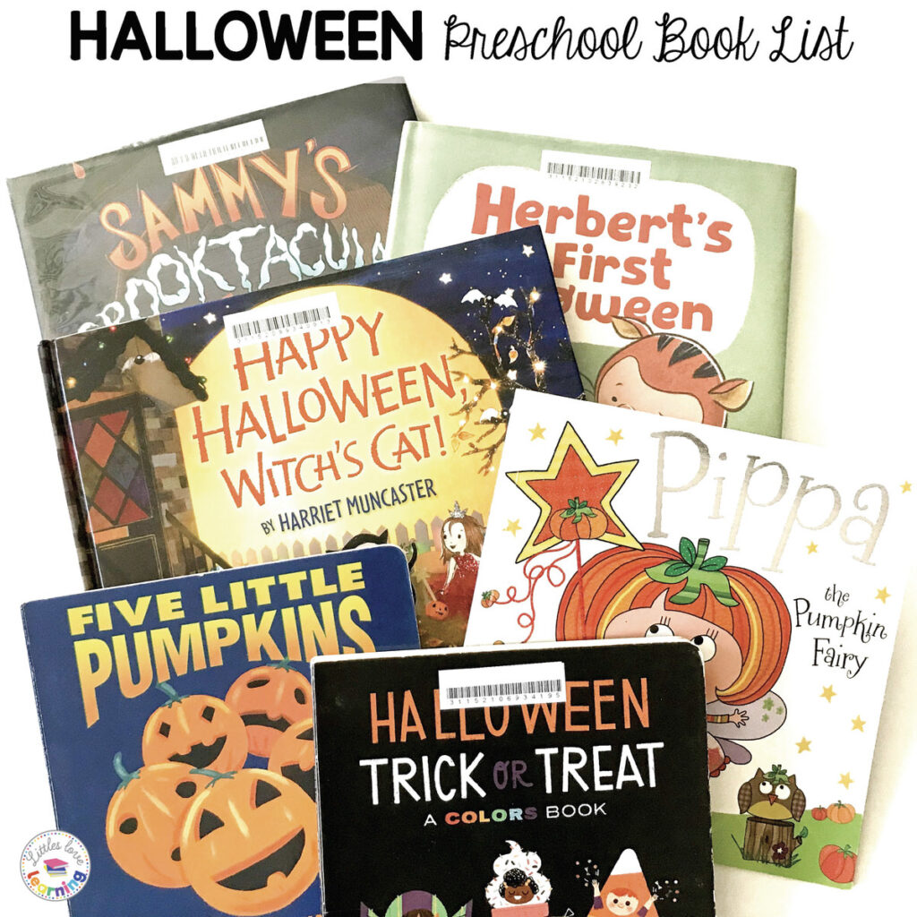 Halloween Books for Preschool and Kindergarten Students: Sammy's Spooktacular Halloween, Herbert's First Halloween, Happy Halloween Witch's Cat, Pippa the Pumpkin Fairy, Five Little Pumpkins, and Halloween Trick or Treat.