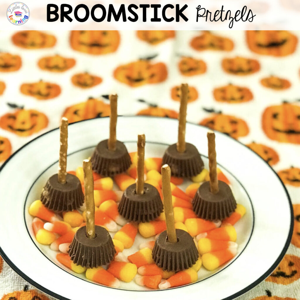 Broomsticks made from pretzel sticks and mini Reese's peanut butter cups. Perfect treat for Halloween.