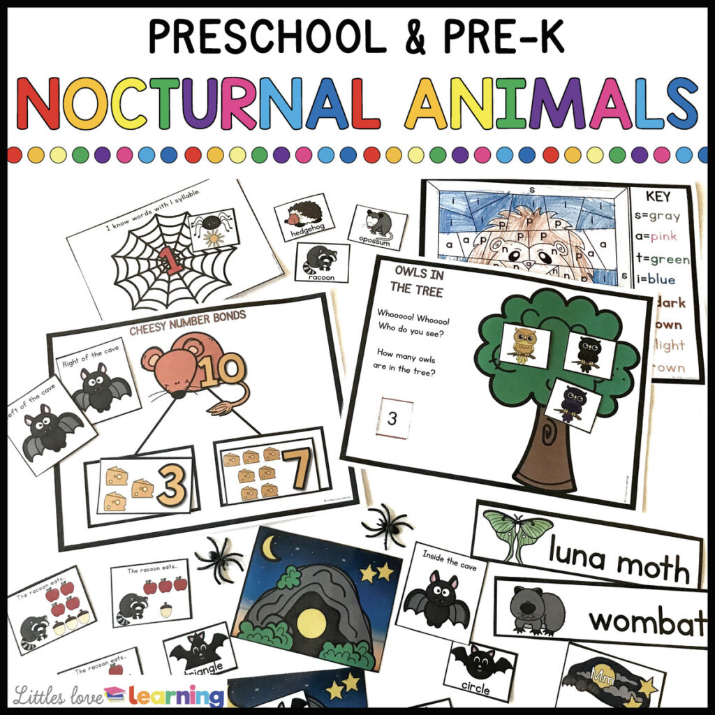 Nocturnal animals math and literacy centers for preschool, pre-k, and kindergarten 