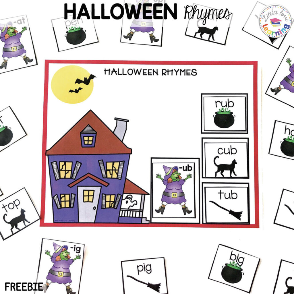 Halloween Free Printable to practice rhyming words for preschool and pre-k