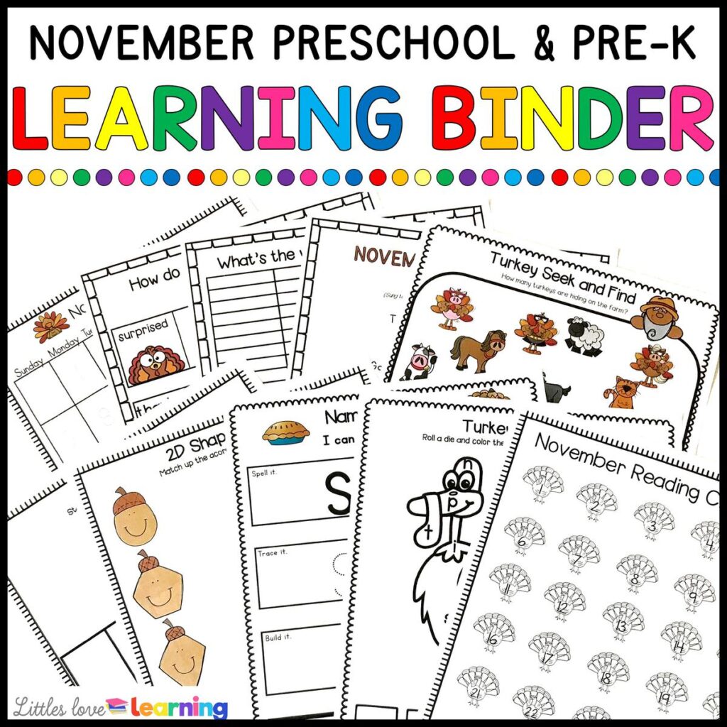 Kindergarten, Pre-K, and Preschool November No-Prep Printables