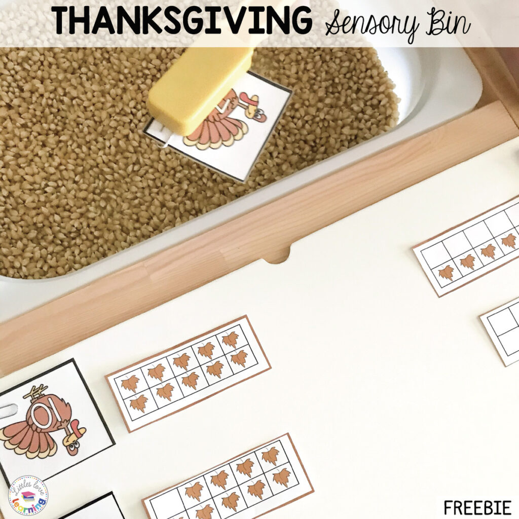 Thanksgiving Sensory Bin for Preschool: Corn Kernels with FREE turkey numbers 1-10.