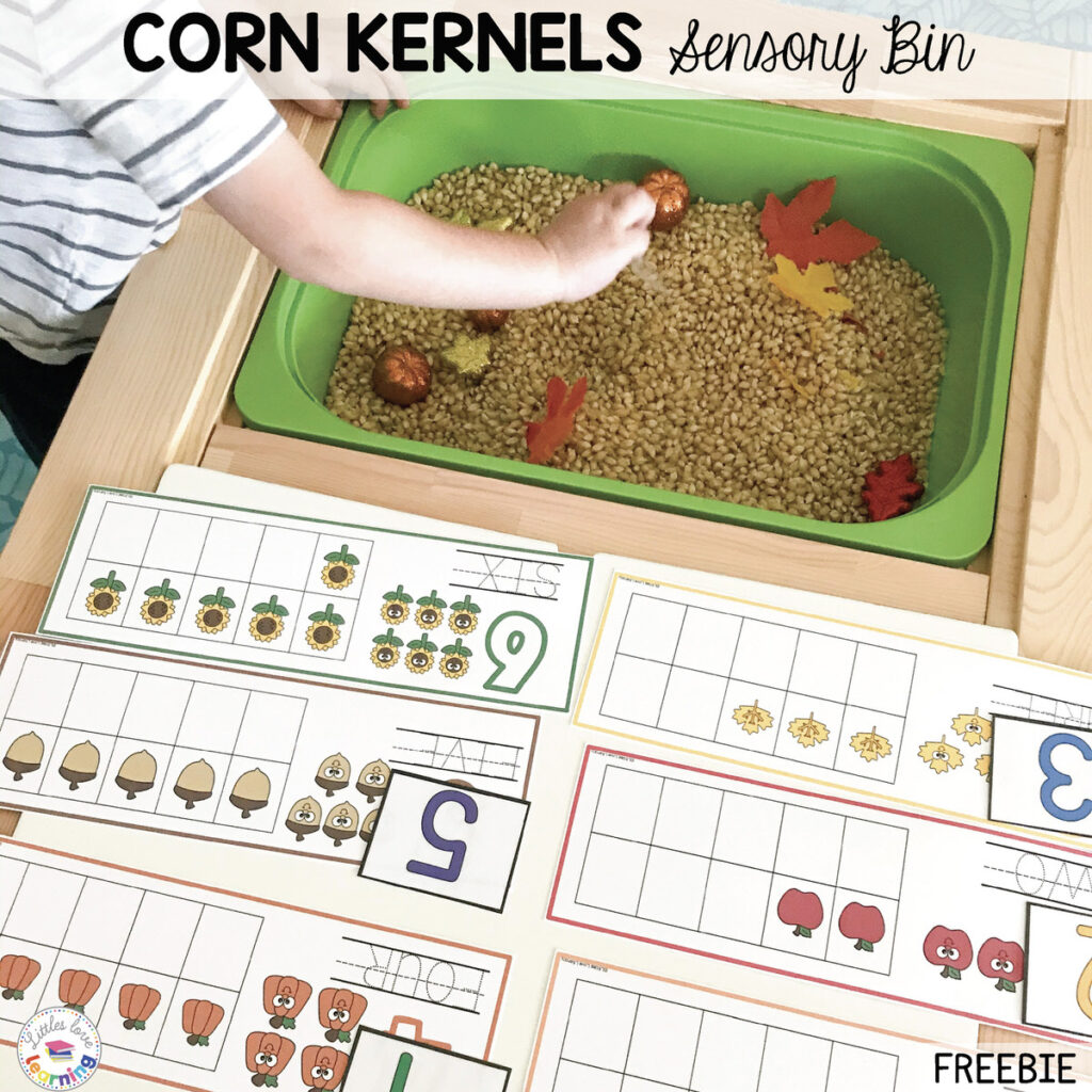Thanksgiving Sensory Bin for Preschool: Corn Kernels with FREE fall number mats.