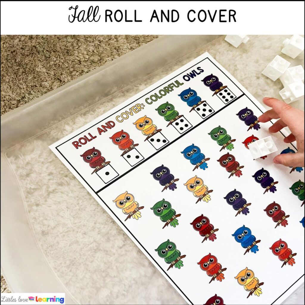 Fall roll and cover activity for preschool, pre-k, and kindergarten 