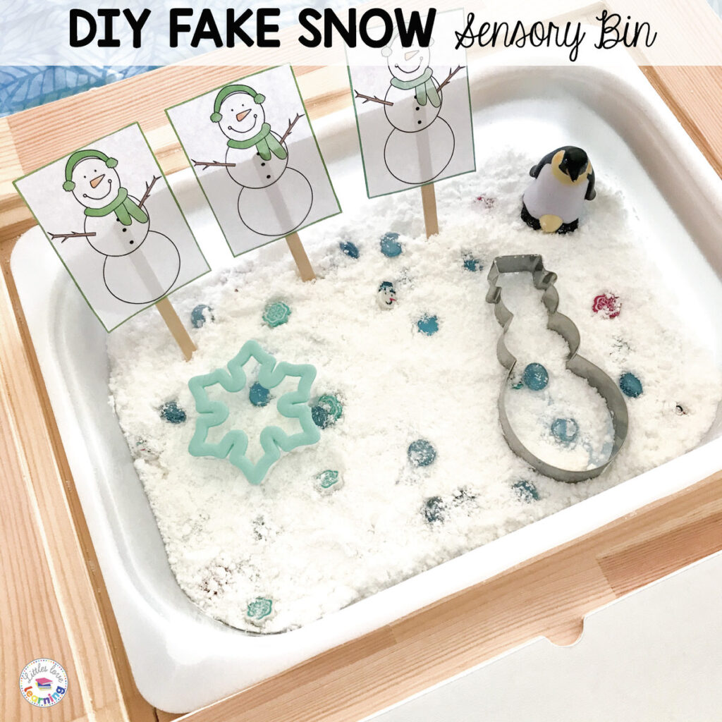 Winter Sensory Bin: DIY Fake Snow Recipe for preschool, pre-k, and kindergarten