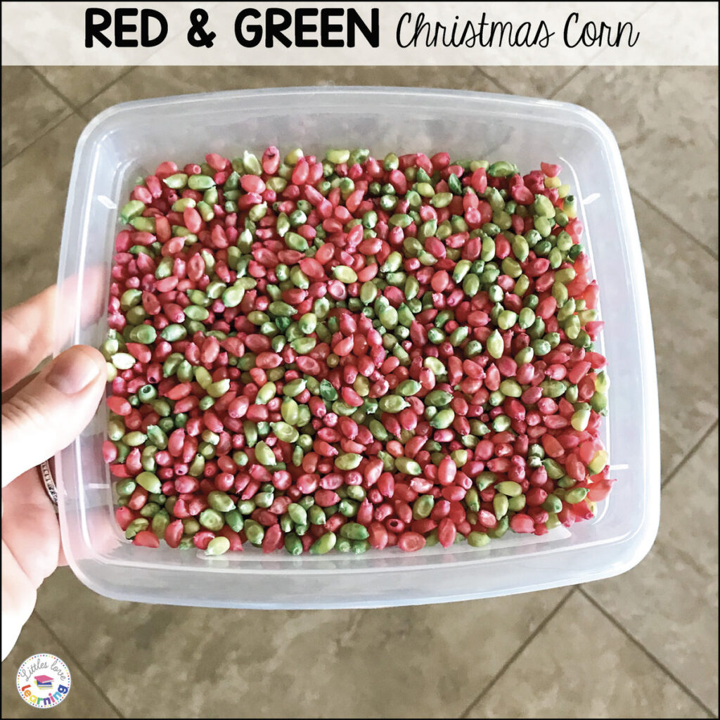 Red and Green Christmas Corn for Sensory Play