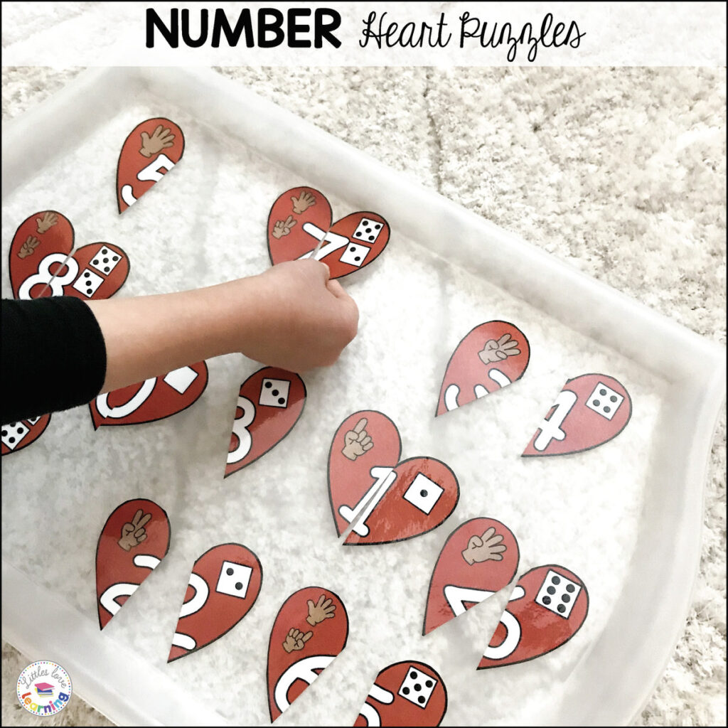 Preschool Valentine's Day number heart puzzles activity 
