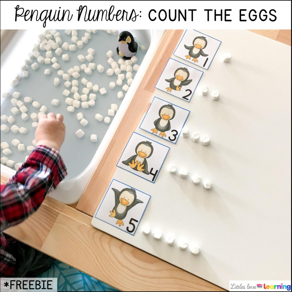 FREE Penguin numbers printable with mini-marshmallows for count the eggs game