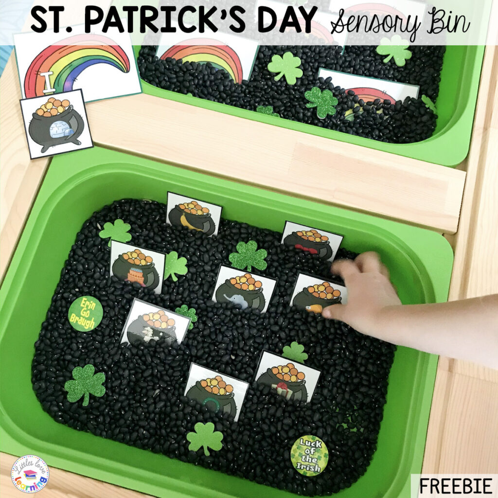 St. Patrick's Day sensory bin and free letter printable for preschoolers 