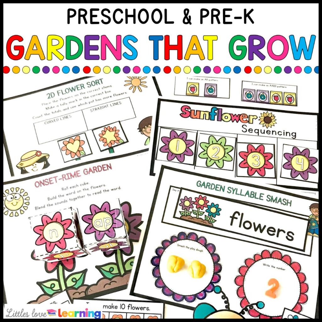 Gardens that Grow flower printable activities for preschool, pre-k, and kindergarten for math and literacy