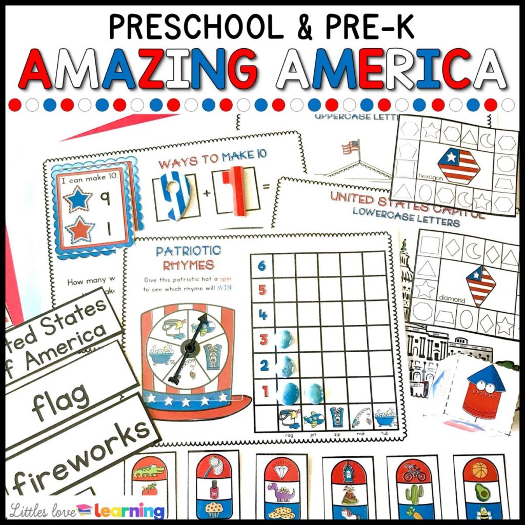 Patriotic math and literacy printables for preschool, pre-k, and kindergarten 