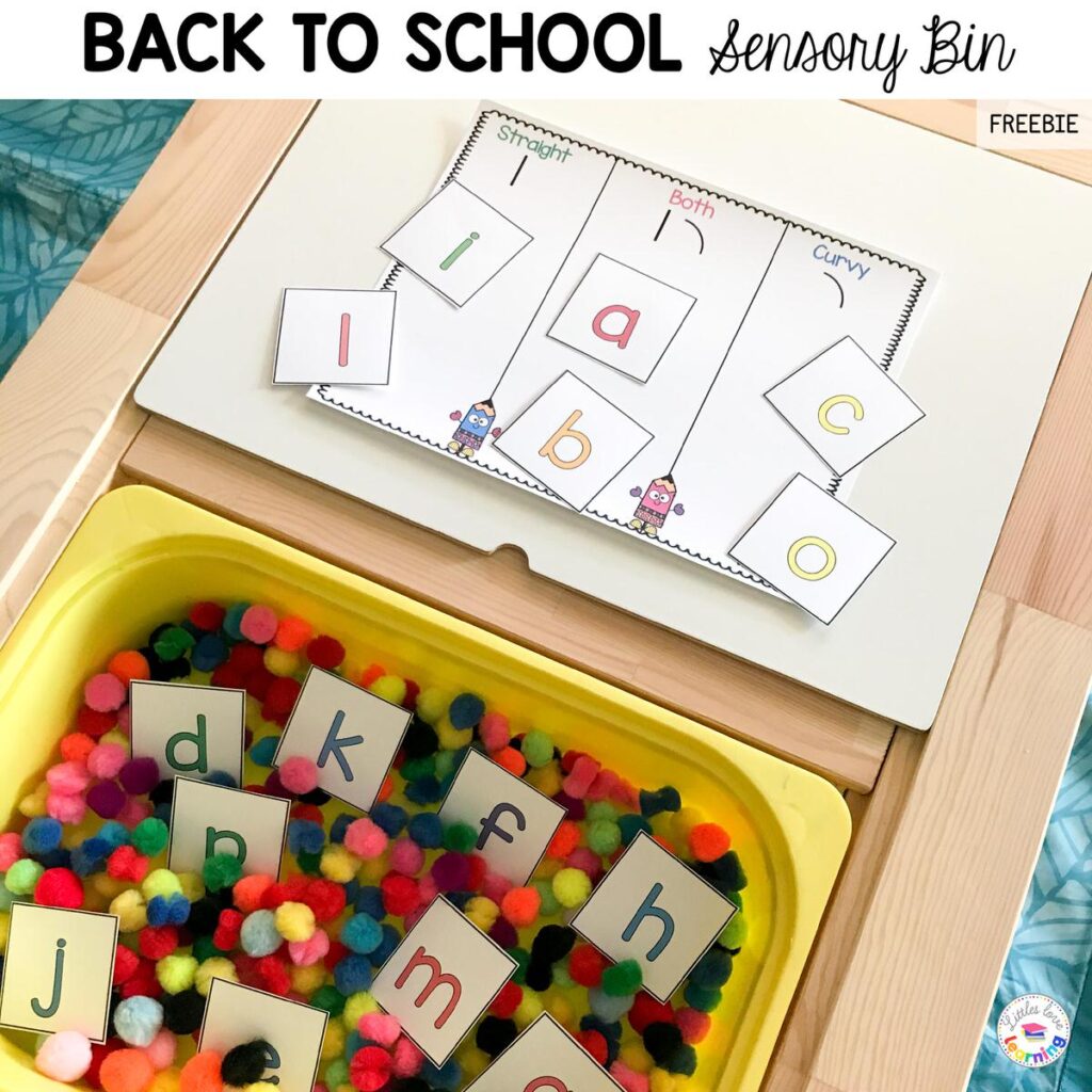 Back to school sensory bin for preschool and pre-k: Colorful pom poms with alphabet cards
