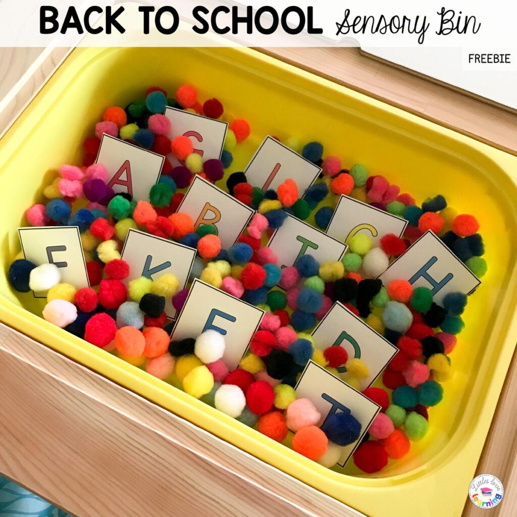 Back to school sensory bin for preschool and pre-k: Colorful pom poms with alphabet cards