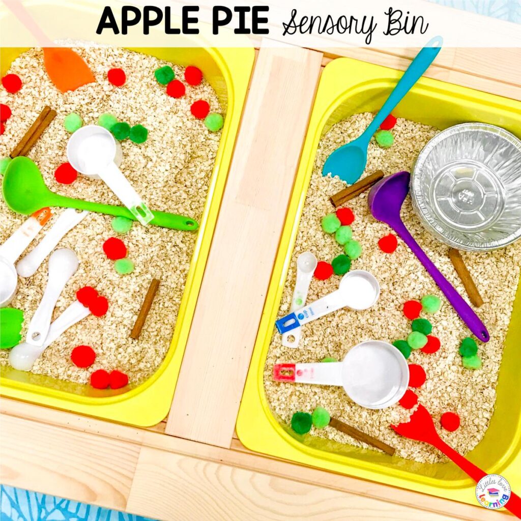 Fall Sensory Bin idea for preschool and pre-k: Apple Pie (made with oats, cinnamon sticks, and red and green pom poms)