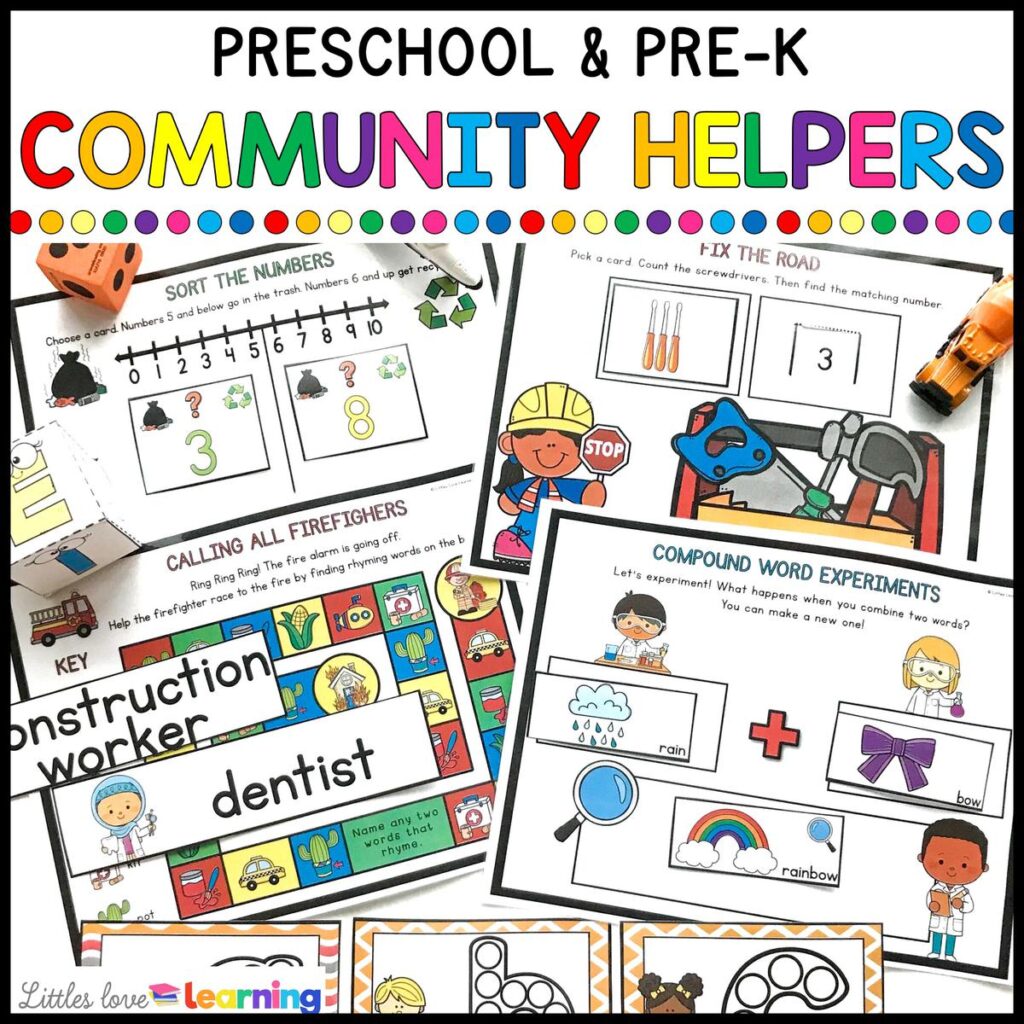 Preschool community helpers printables for math and literacy 