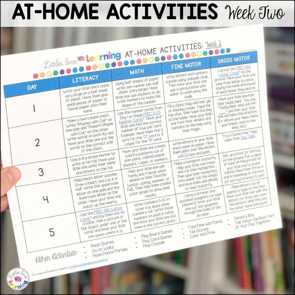 Calendar of 20 at-home activities for preschoolers 