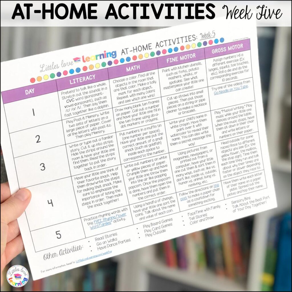 Calendar of preschool and pre-k at-home activities 