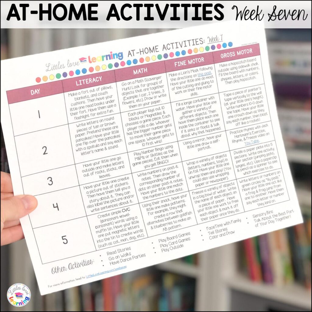 Calendar of at-home activities for preschool that includes literacy, math, fine motor, and gross motor skills