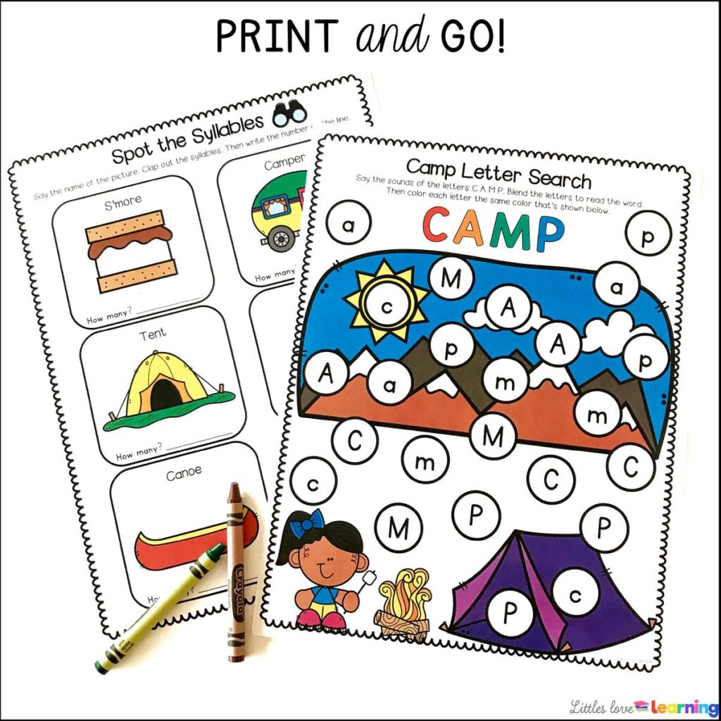 July literacy printables to practice syllables and letters