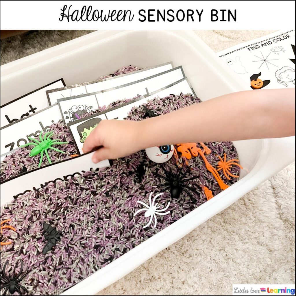 Halloween sensory bin for preschool, pre-k, and kindergarten 