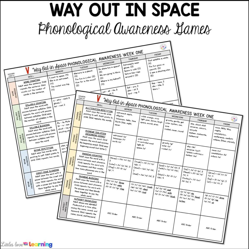 Space phonological awareness games for preschool, pre-k, and kindergarten 