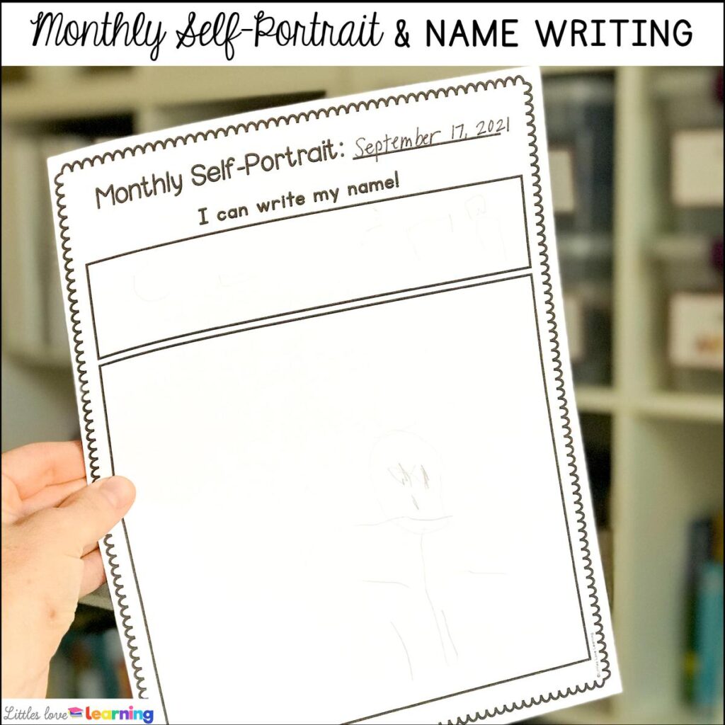 Monthly self-portrait and name writing page for preschool, pre-k, and kindergarten 