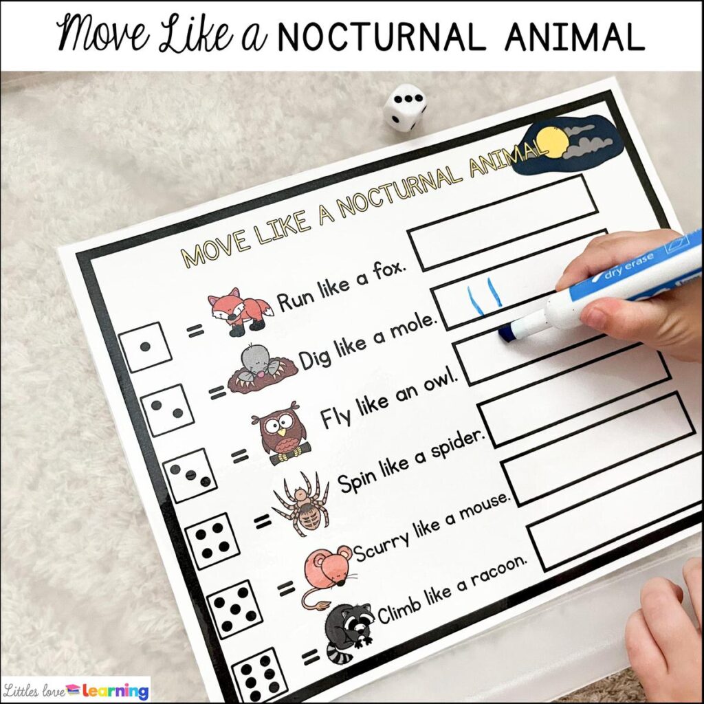 Nocturnal animals gross motor game for preschool, pre-k, and kindergarten 