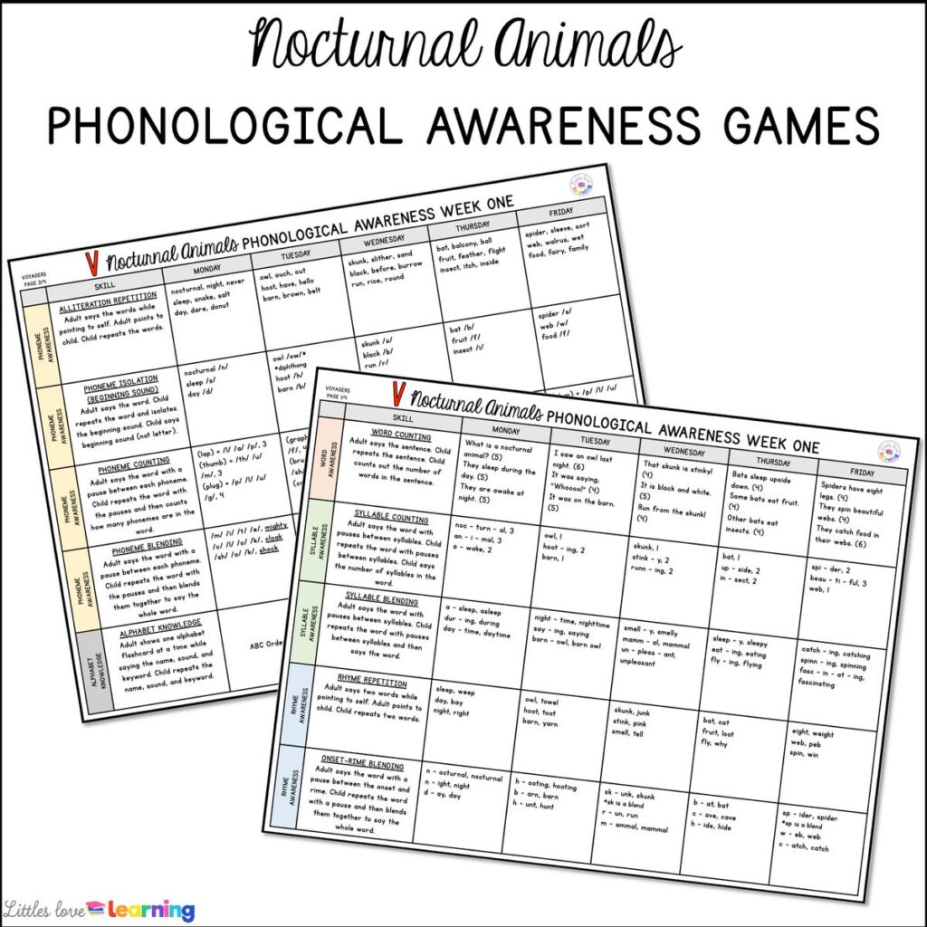 Nocturnal Animals phonological awareness games for preschool, pre-k, and kindergarten 