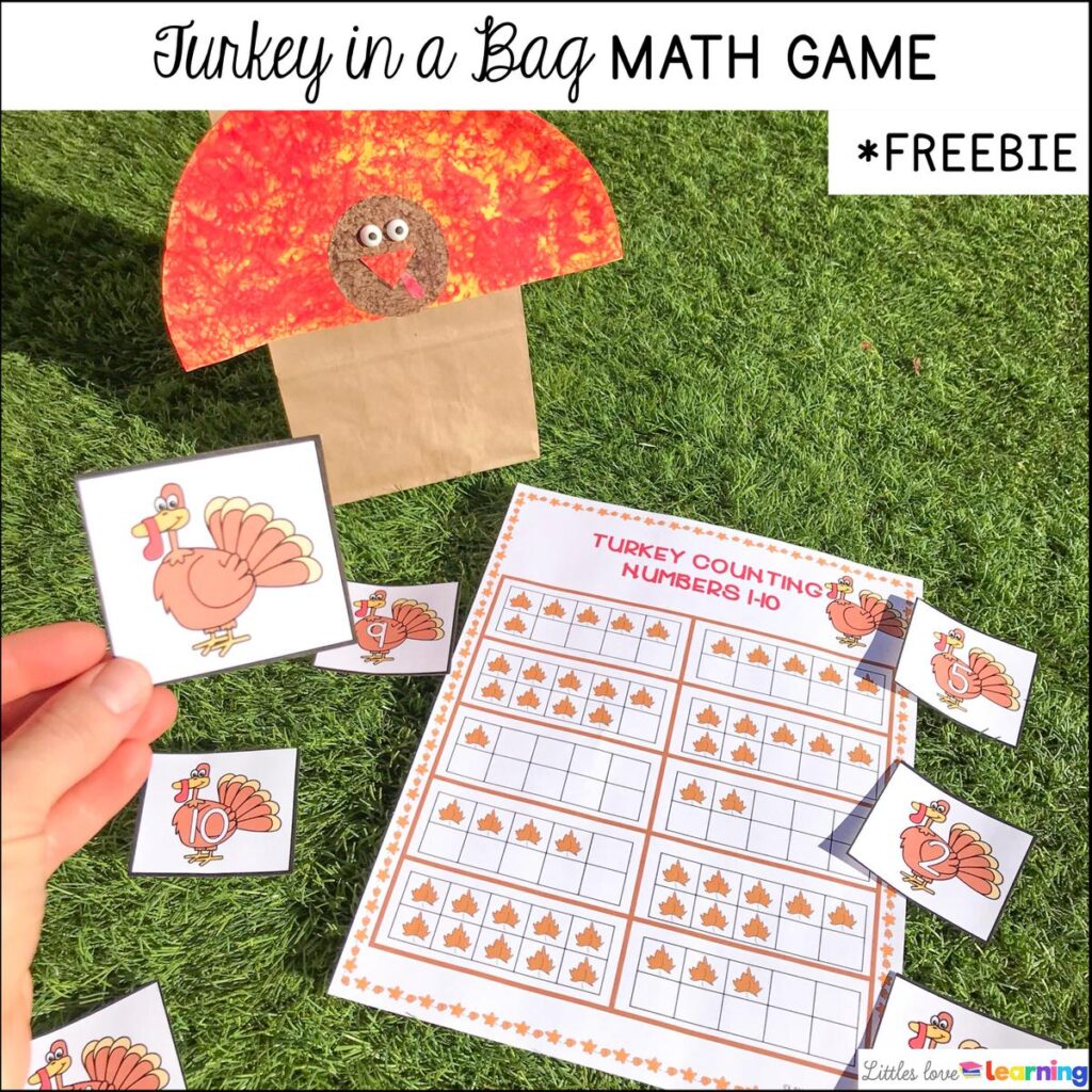 Kindergarten, Pre-K, and Preschool Thanksgiving Turkey in a Bag Free Math Game