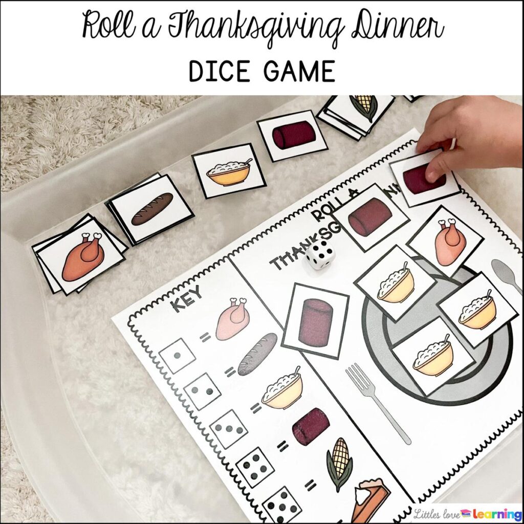 Kindergarten, Pre-K, and Preschool Thanksgiving Roll a Thanksgiving Dinner Dice Game