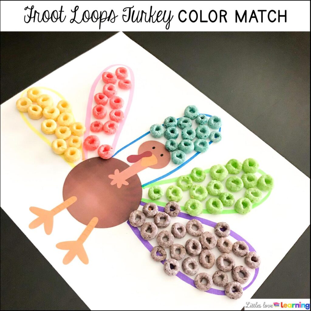 Kindergarten, Pre-K, and Preschool Thanksgiving Froot Loops Turkey Color Match